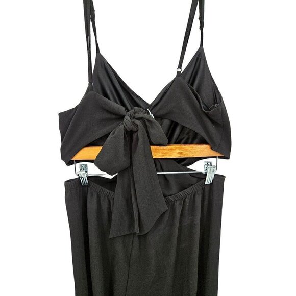 As You Wish Jumpsuit Sz L Black Wide Leg Cut Out Cross Over Knot Front Tie Back - Picture 6 of 10